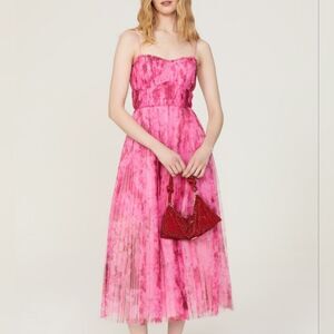 ML Monique Lhuillier Formal Ruffled Pleated Tulle Midu Dress Floral Pink 6 NWT